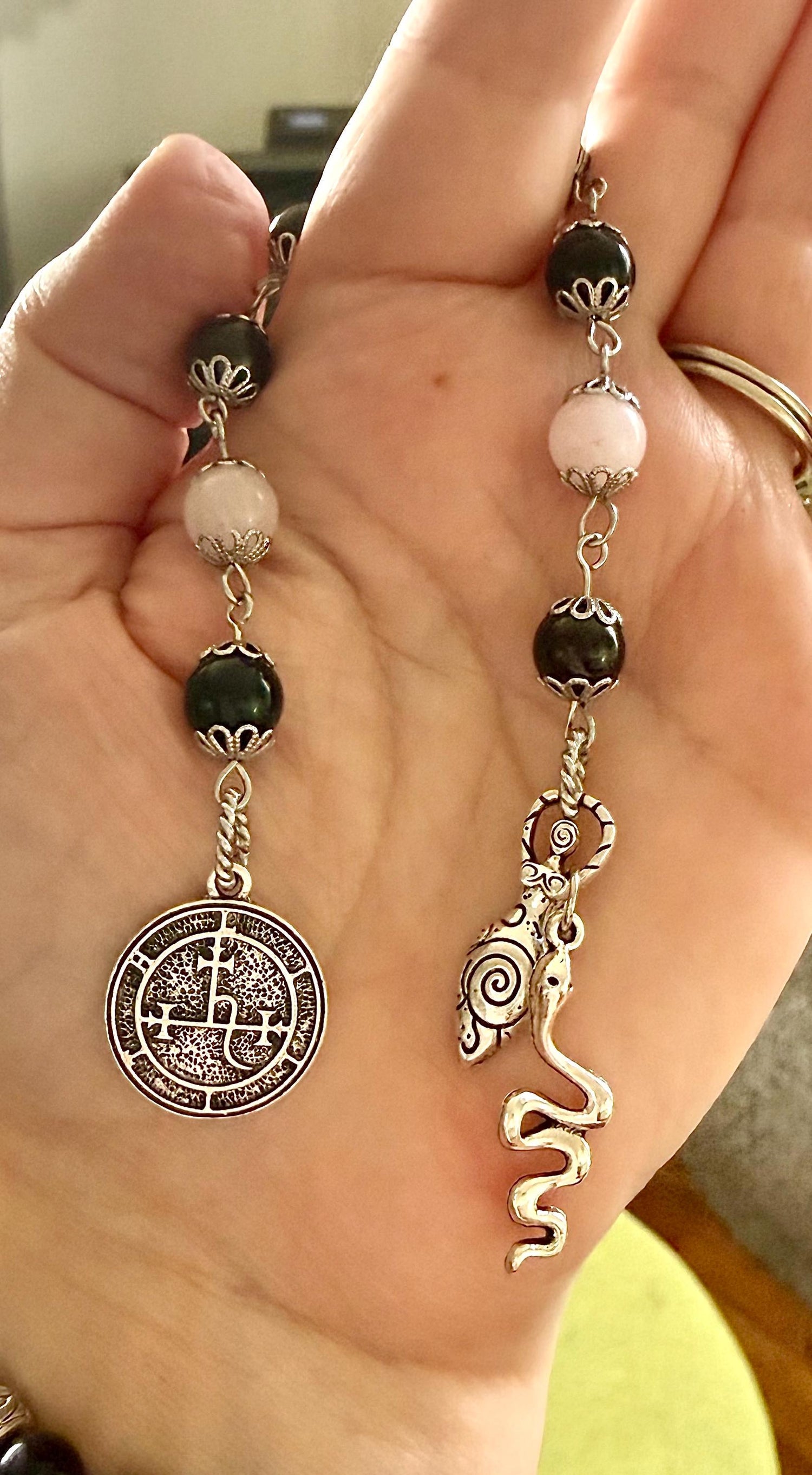 Goddess Lilith Sigil Devotional Prayer Beads:  Garnet, Obsidian, Rose Quartz Gemstones and  Snake Charm.