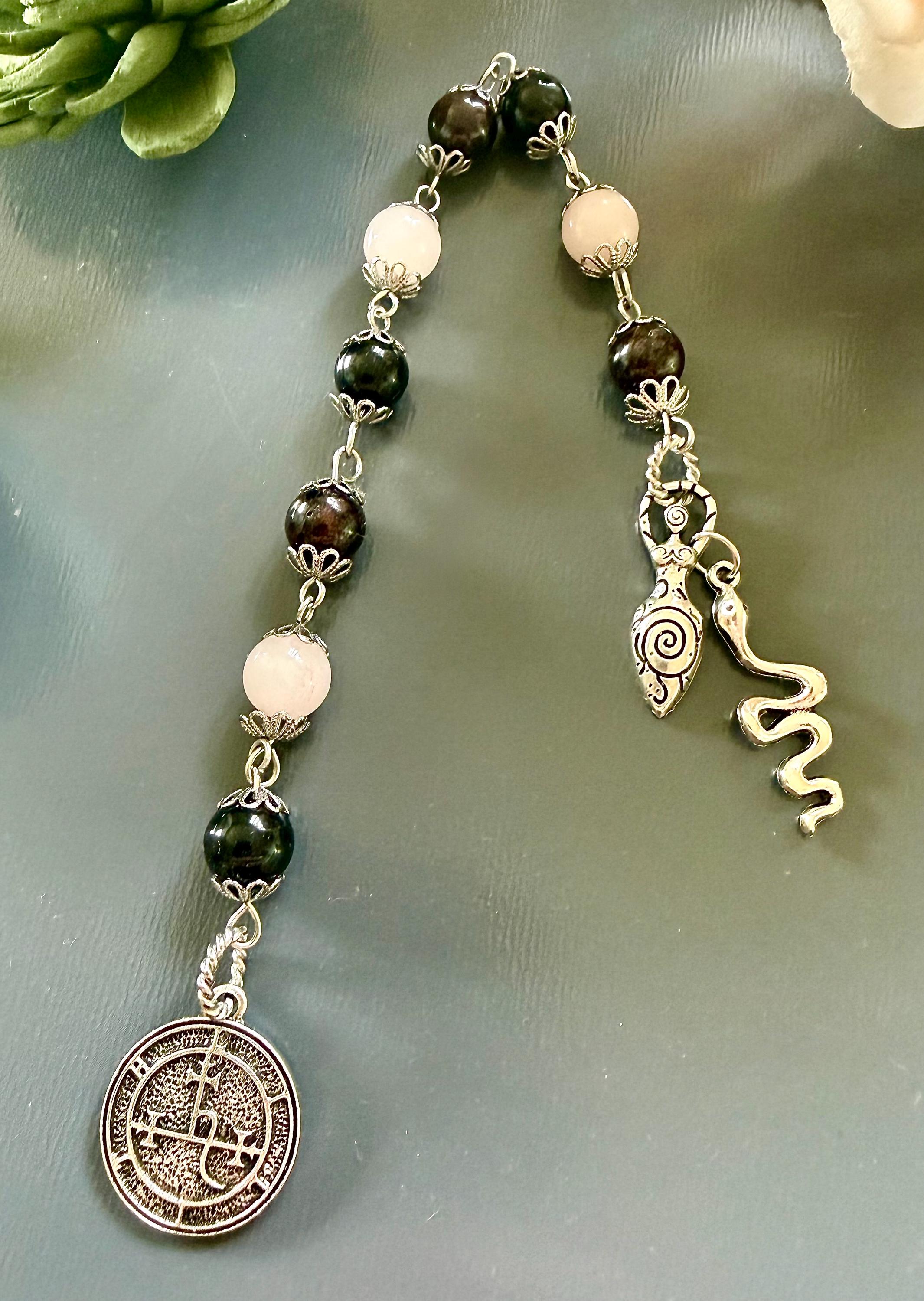 Goddess Lilith Sigil Devotional Prayer Beads:  Garnet, Obsidian, Rose Quartz Gemstones and  Snake Charm.