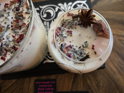 Love Attraction Intention Candle: Rose Quartz, Carnelian, Herbs, Flowers