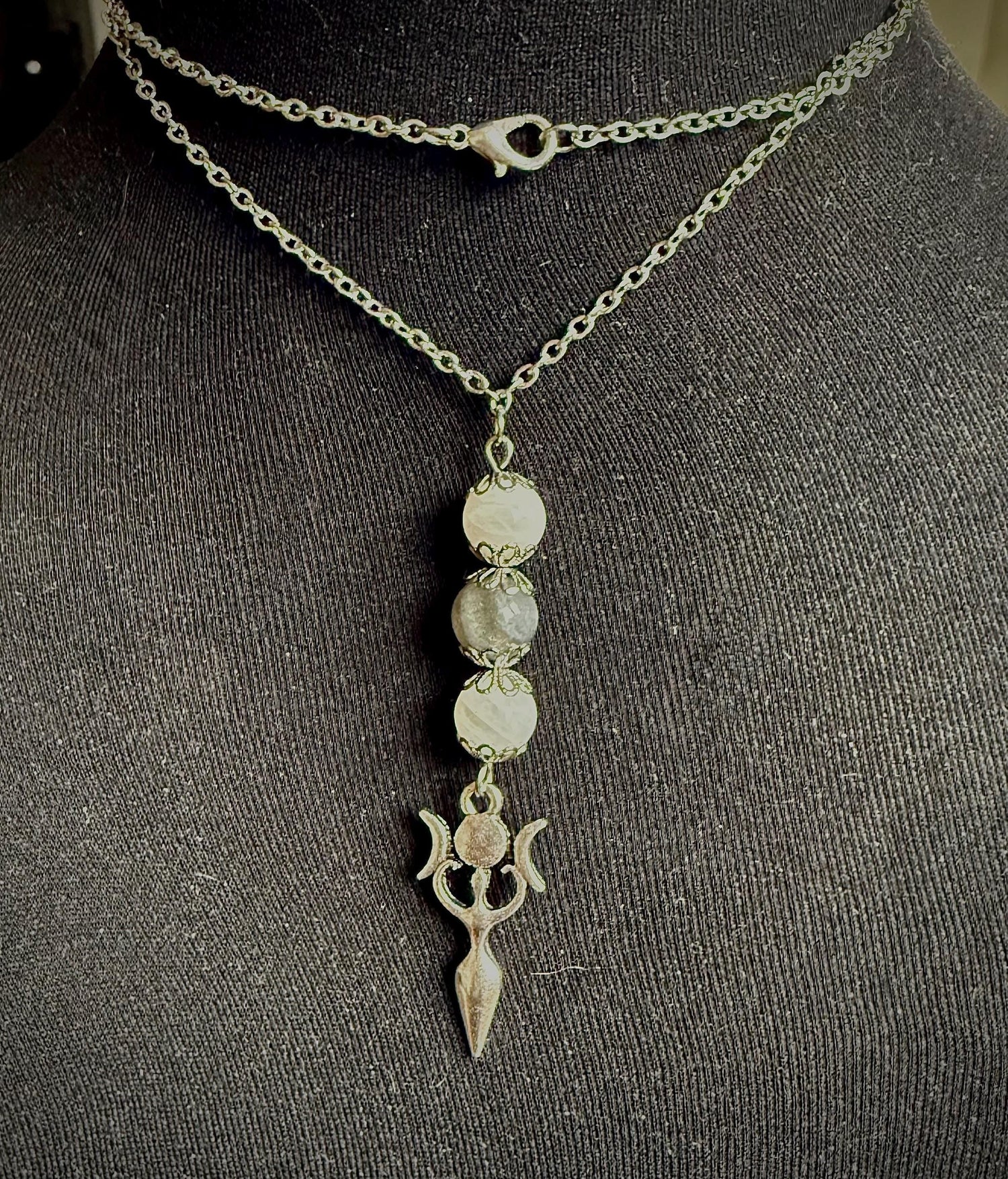 Triple Moon Goddess Pendant Necklace with Labradorite and Moonstone Beads.