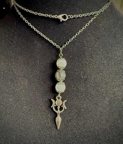 Triple Moon Goddess Pendant Necklace with Labradorite and Moonstone Beads.