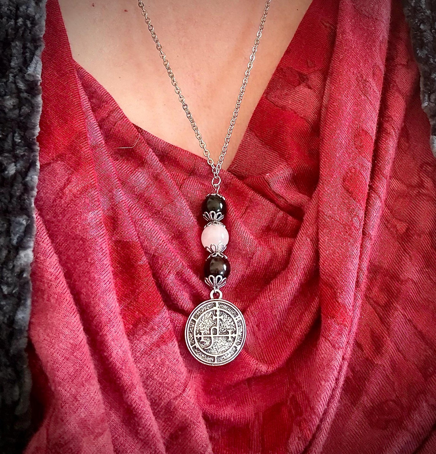 Lilith Sigil Necklace with Garnet, Rose Quartz, and Obsidian Beads.