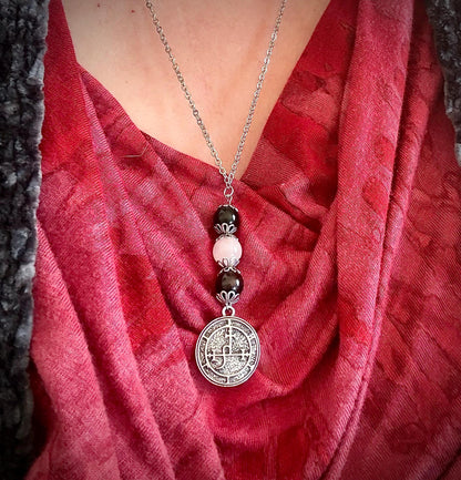 Lilith Sigil Necklace with Garnet, Rose Quartz, and Obsidian Beads.