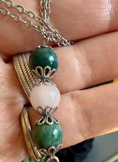 Ostara Goddess Pendant Necklace with Moss Agate and Rose Quartz Beads.