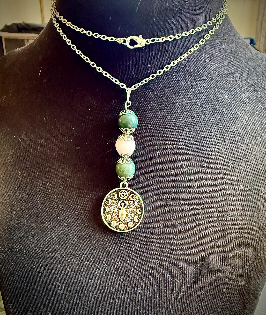 Ostara Goddess Pendant Necklace with Moss Agate and Rose Quartz Beads.