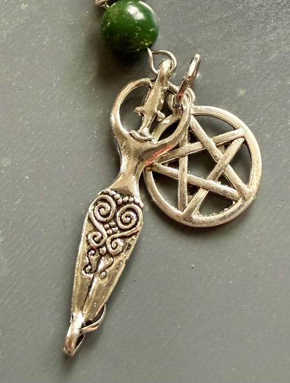 Witches Knot Moss Agate &amp; Obsidian Pagan Prayer Beads with Goddess and Pentacle Charms.