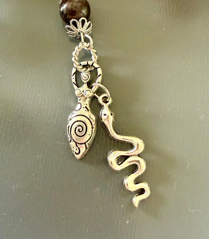 Goddess Lilith Sigil Devotional Prayer Beads:  Garnet, Obsidian, Rose Quartz Gemstones and  Snake Charm.
