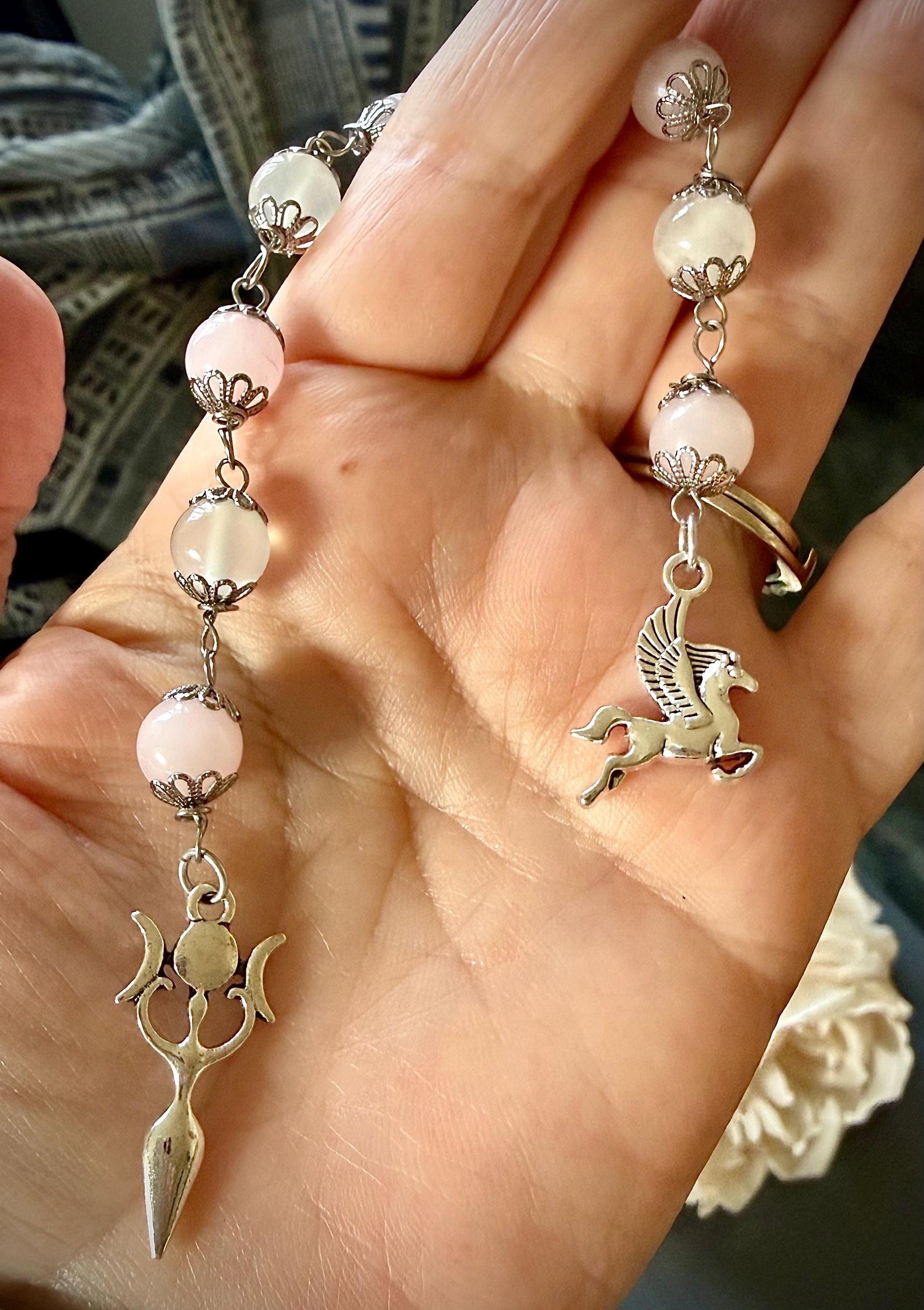 Goddess Selene Devotional Prayer Beads: Selenite, Rose Quartz, Triple Moon Goddess, and Pegasus Charms.