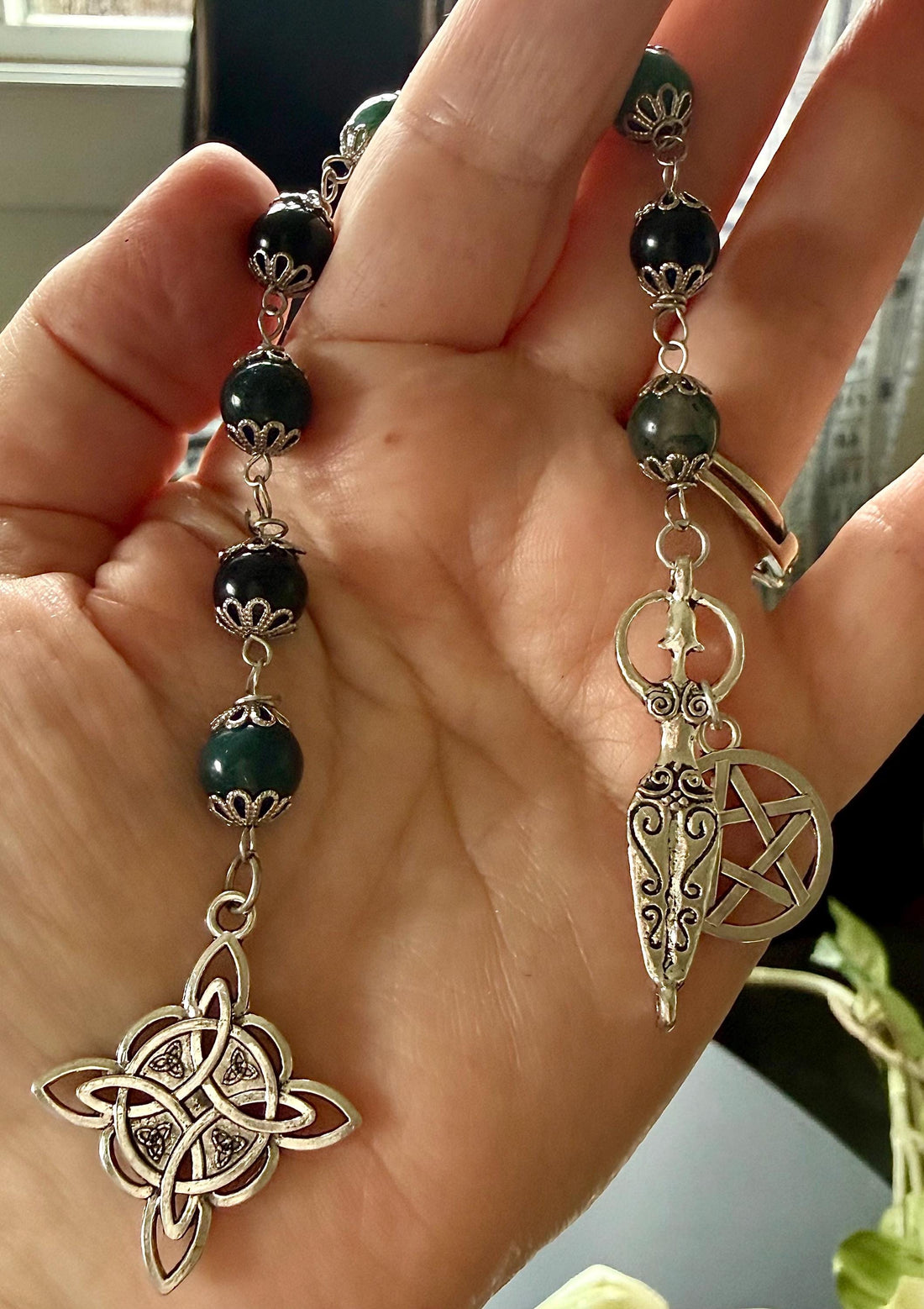 Witches Knot Moss Agate &amp; Obsidian Pagan Prayer Beads with Goddess and Pentacle Charms.