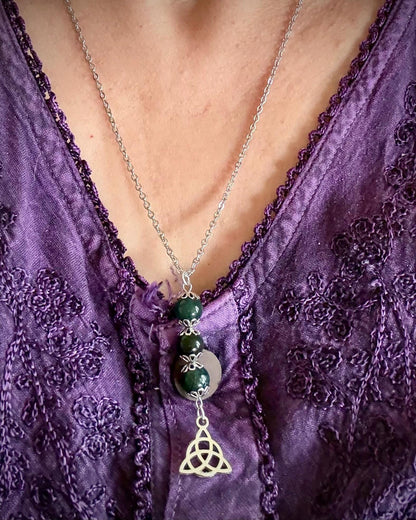 Celtic Triquetra Pendant Necklace with Moss Agate and Obsidian Beads.