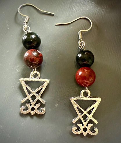 Lucifer Sigil  Earrings with Red Jasper and Obsidian.