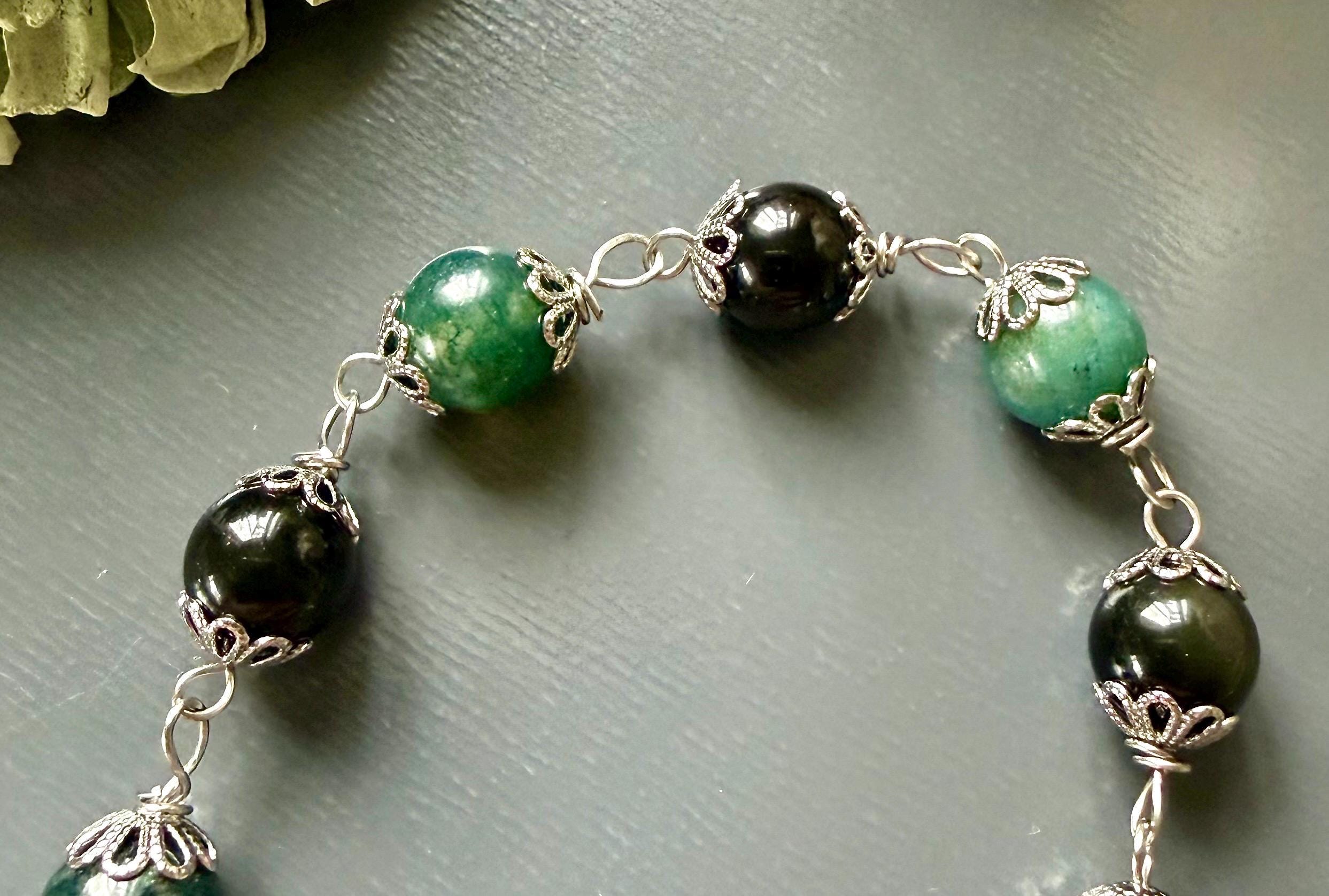 Witches Knot Moss Agate &amp; Obsidian Pagan Prayer Beads with Goddess and Pentacle Charms.