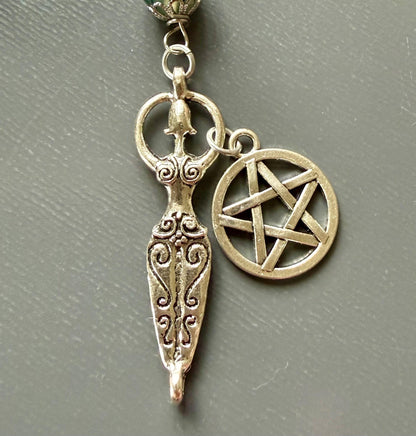 Witches Knot Moss Agate &amp; Obsidian Pagan Prayer Beads with Goddess and Pentacle Charms.