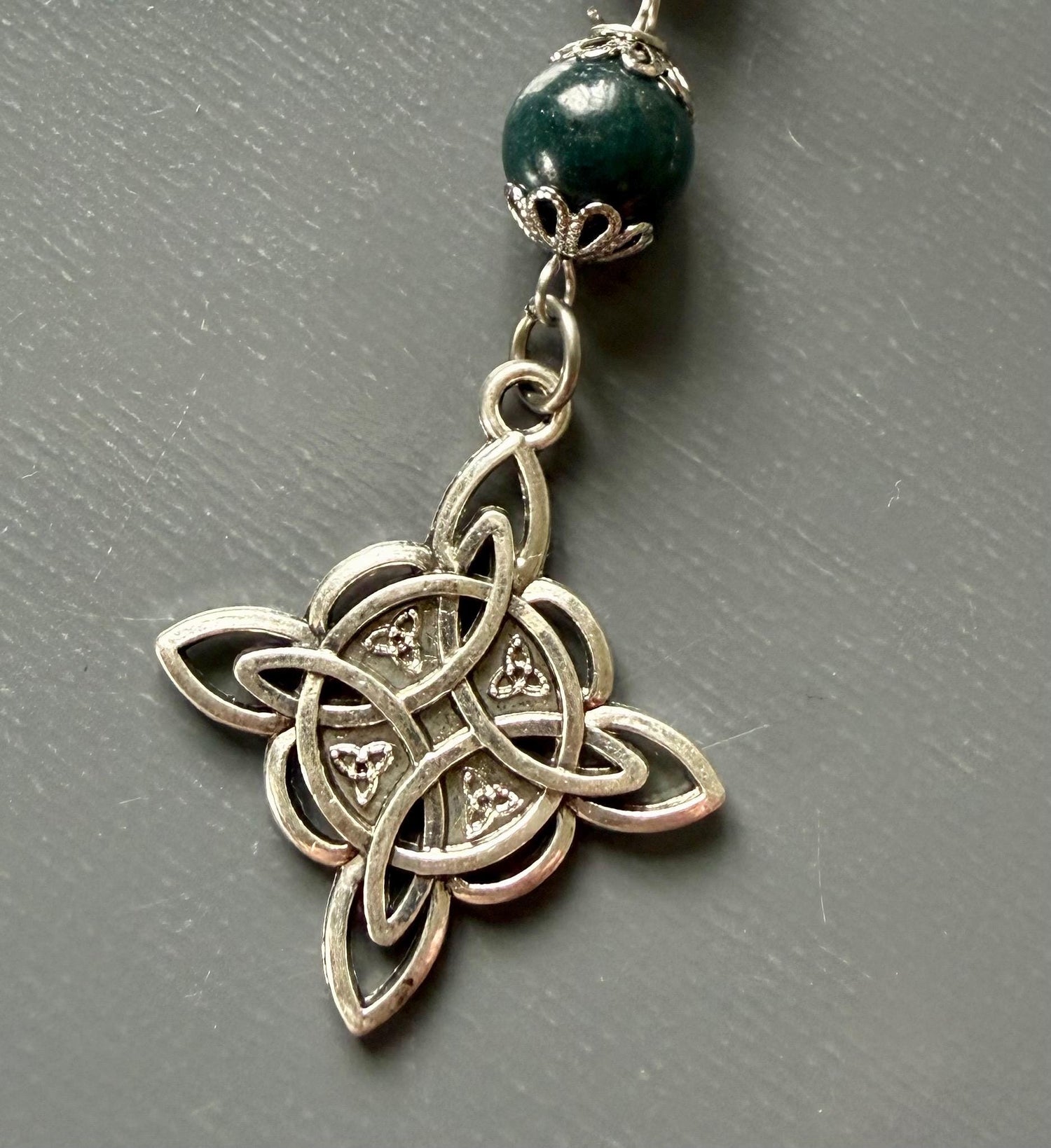 Witches Knot Moss Agate &amp; Obsidian Pagan Prayer Beads with Goddess and Pentacle Charms.