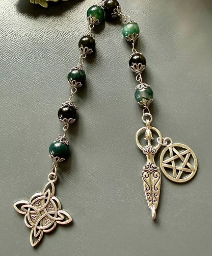 Witches Knot Moss Agate &amp; Obsidian Pagan Prayer Beads with Goddess and Pentacle Charms.
