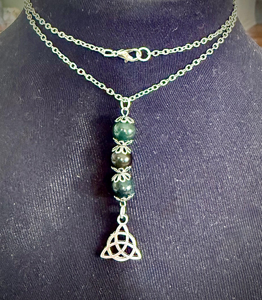 Celtic Triquetra Pendant Necklace with Moss Agate and Obsidian Beads.