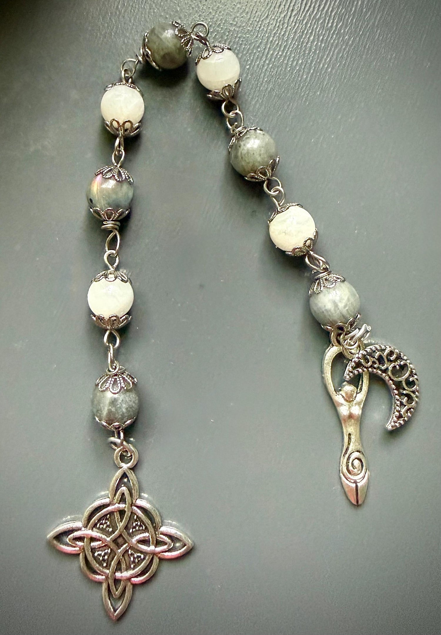 Labradorite Moonstone Pagan or Witchcraft Prayer Beads:  Witches Knot, Goddess, and Moon Charm.