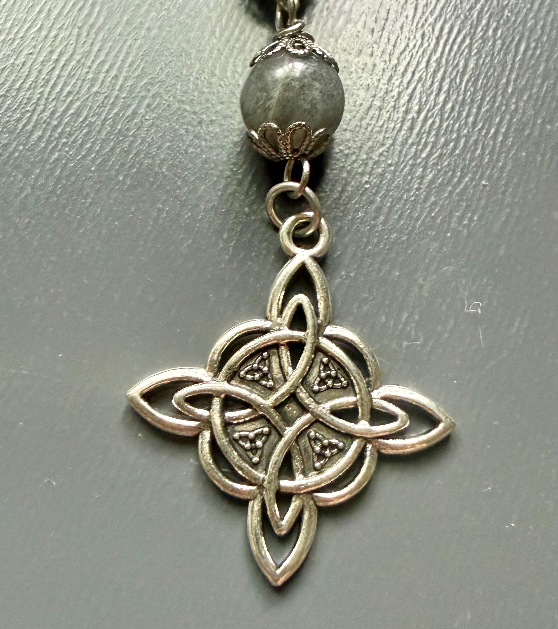 Labradorite Moonstone Pagan or Witchcraft Prayer Beads:  Witches Knot, Goddess, and Moon Charm.