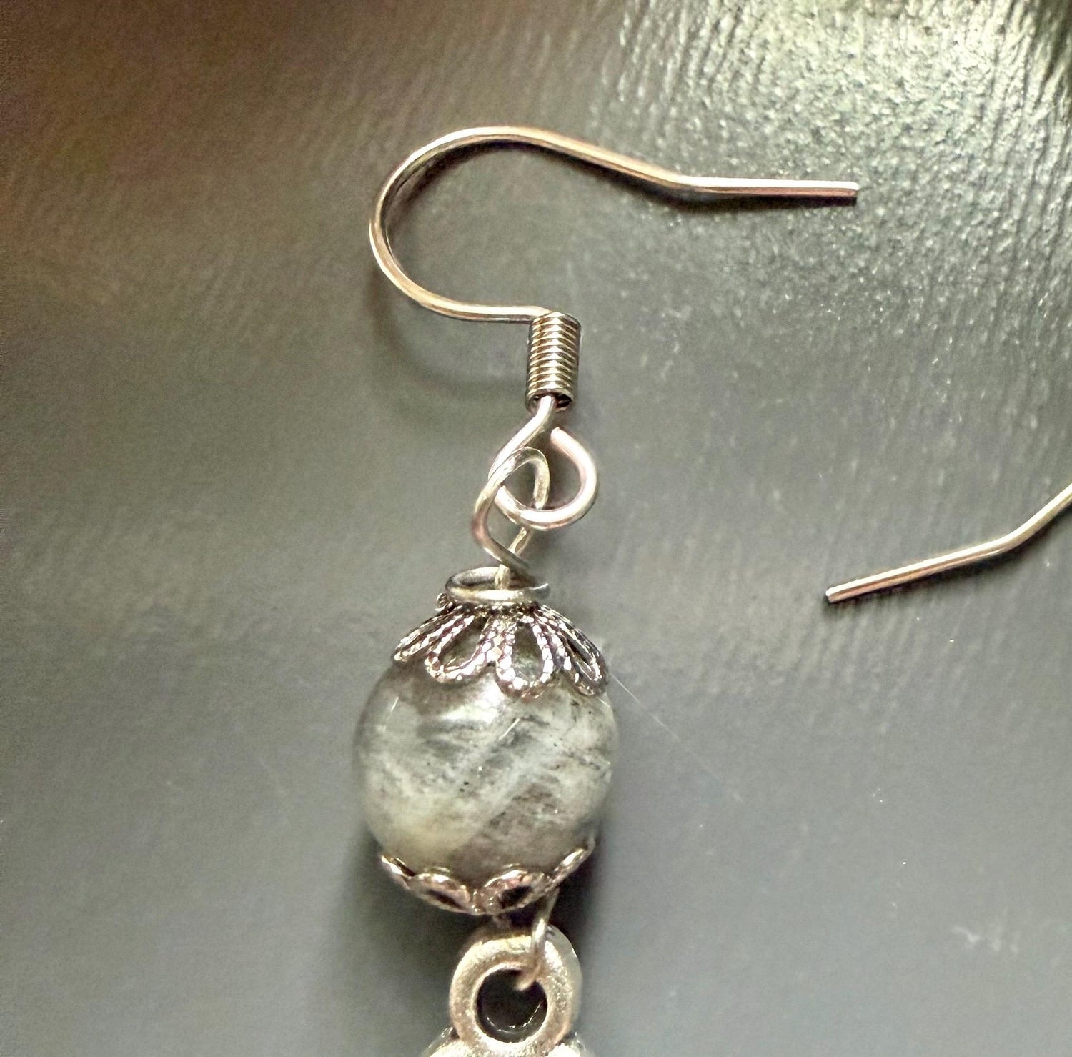 Spiral Goddess Charm Earrings with Labradorite Beads.