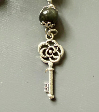 Hekate Prayer Beads: Amethyst, Obsidian, Moonstone, Triple Moon Goddess, Key Charm