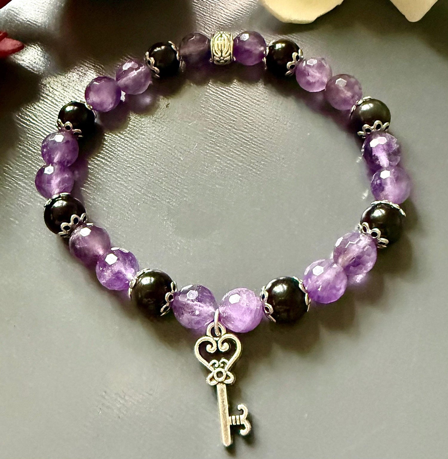 Hekate Devotional Bracelet with Amethyst and Black Obsidian Gemstones.