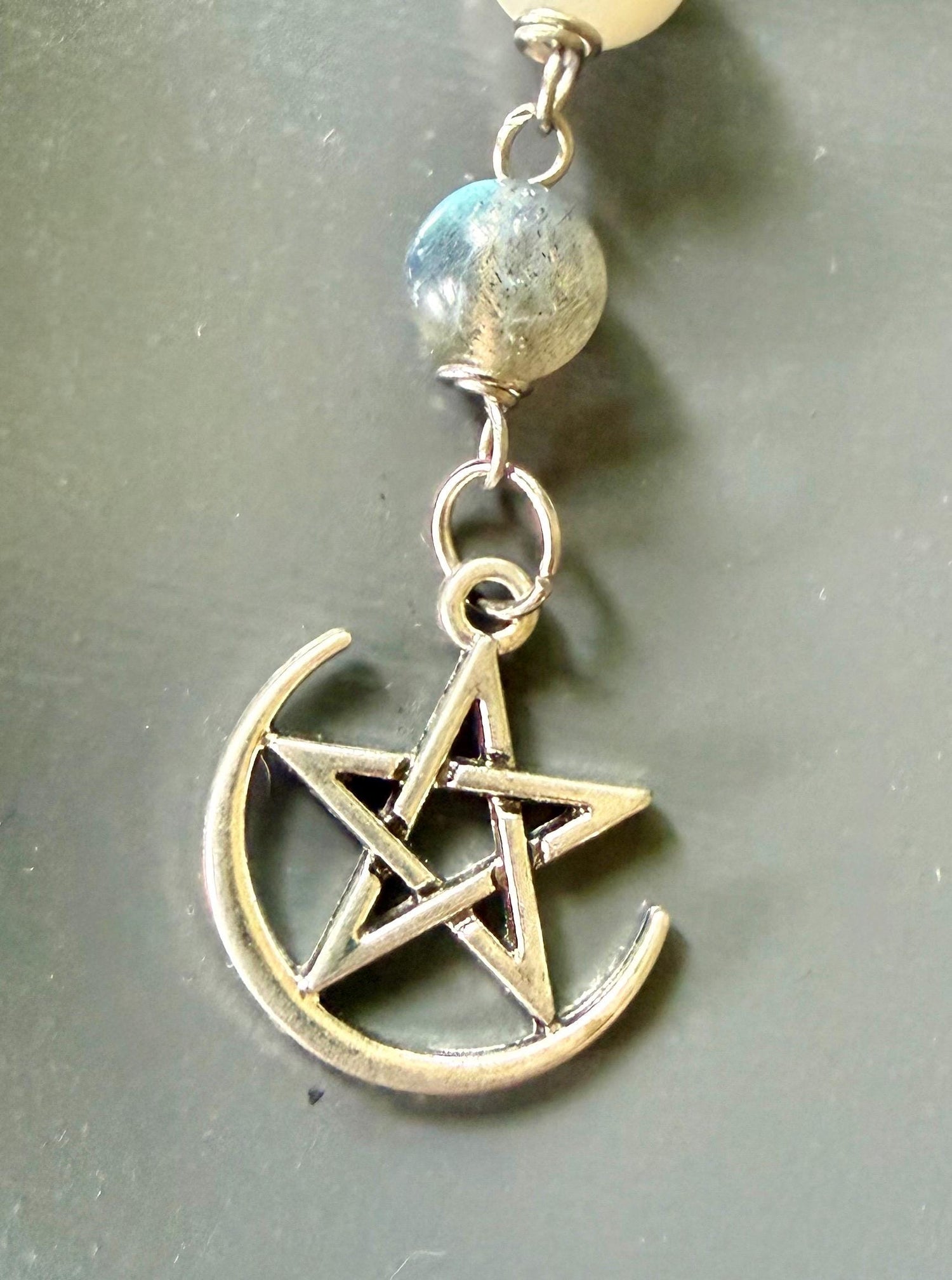 Labradorite Moonstone Pagan or Witchcraft Prayer Beads:  Pentacle,  Goddess, and Moon Charm.