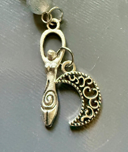 Labradorite Moonstone Pagan or Witchcraft Prayer Beads:  Pentacle,  Goddess, and Moon Charm.