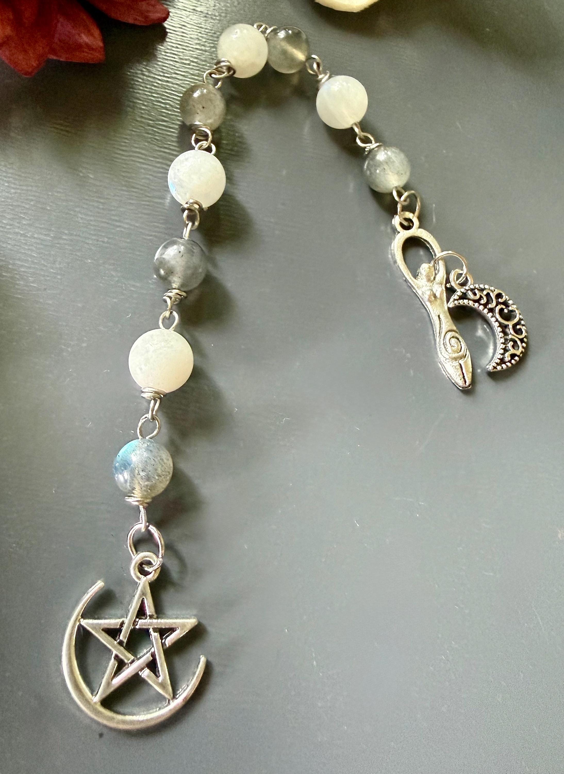 Labradorite Moonstone Pagan or Witchcraft Prayer Beads:  Pentacle,  Goddess, and Moon Charm.