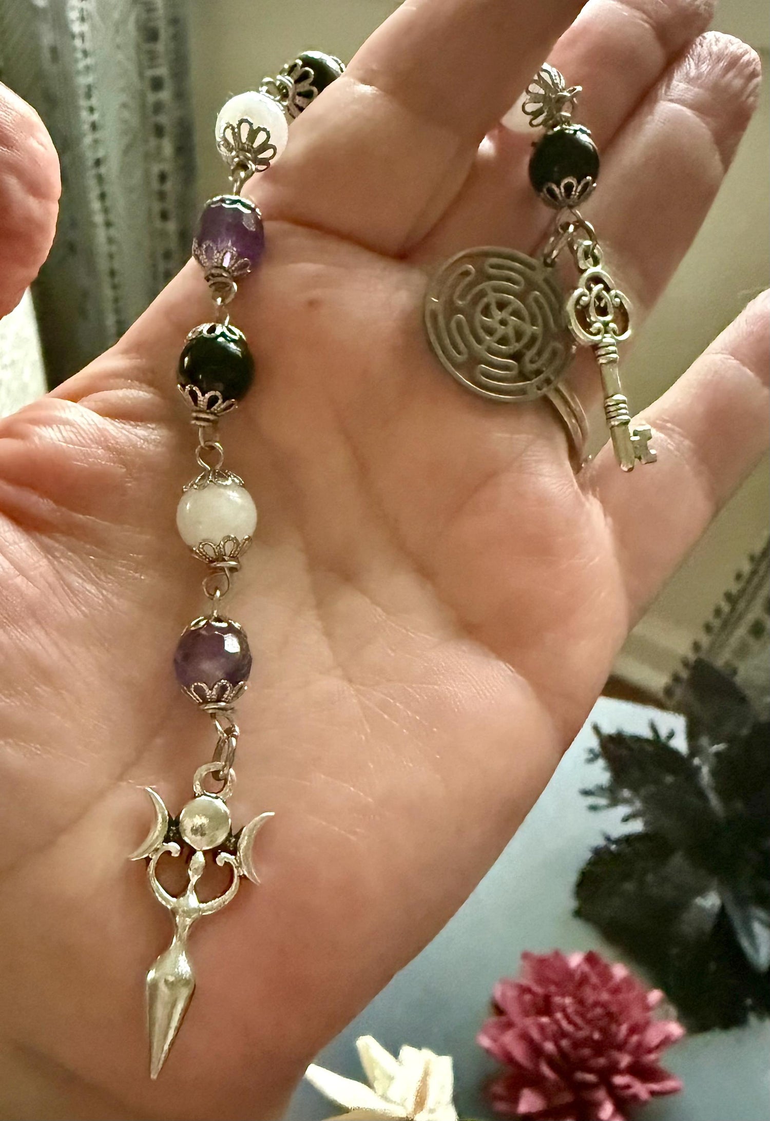 Hekate’s Wheel Prayer and Devotional Beads:  Amethyst, Obsidian, Moonstone, Key, and Goddess Charm.