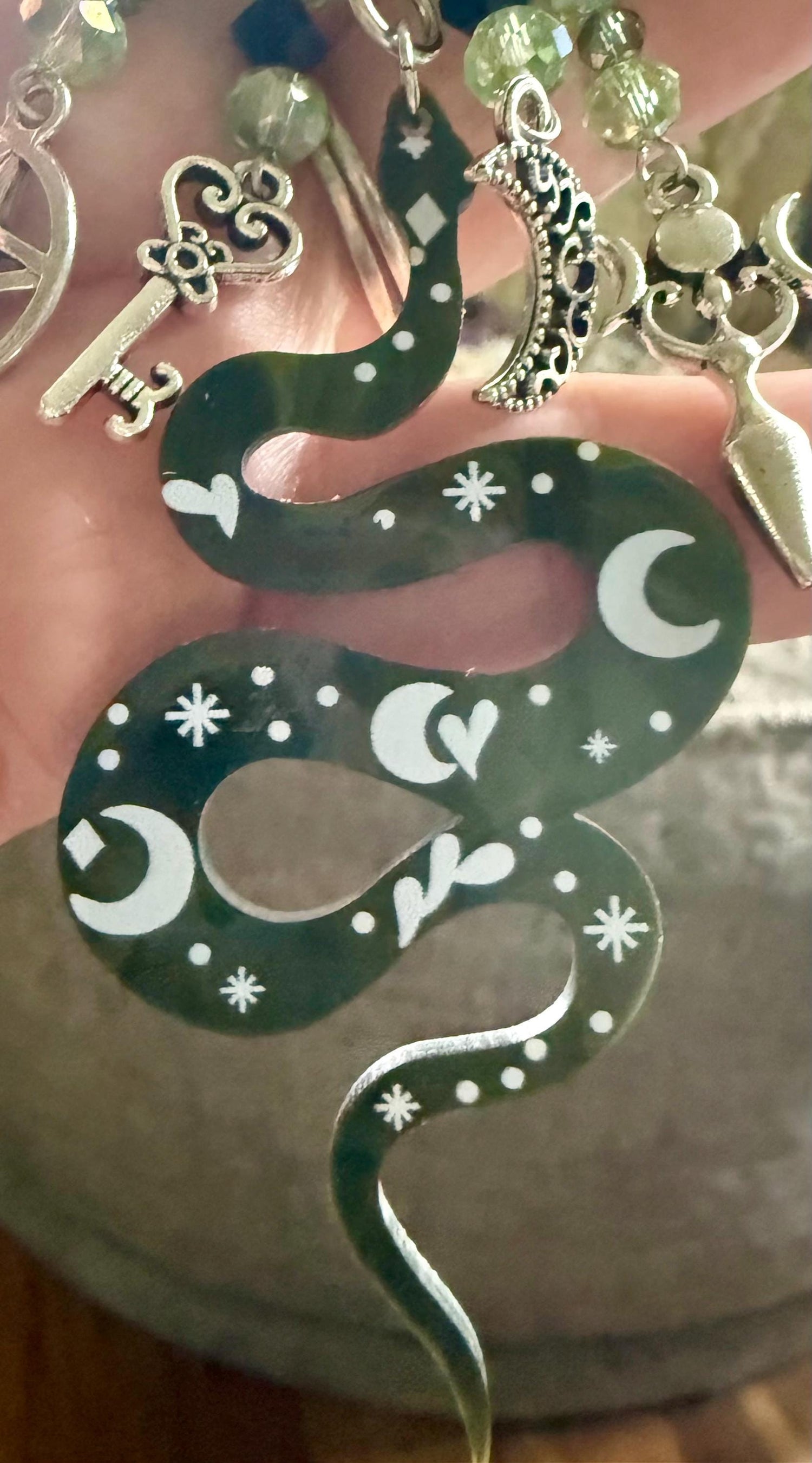 Snake Talisman Keychain Purse Charm with Iridescent Glass Beads, Pentacle, Key, Moon, and Goddess Charm.