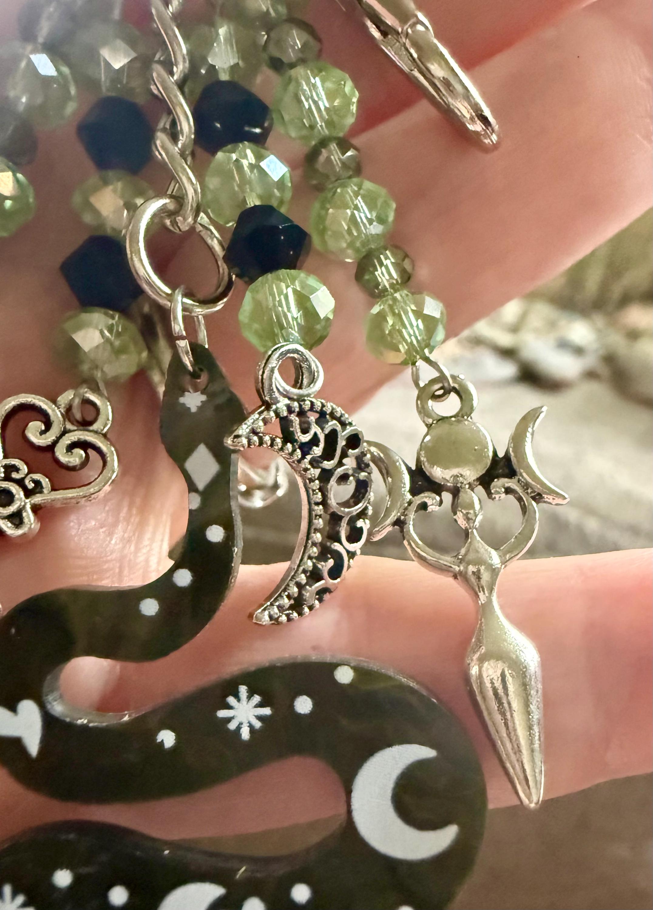 Snake Talisman Keychain Purse Charm with Iridescent Glass Beads, Pentacle, Key, Moon, and Goddess Charm.