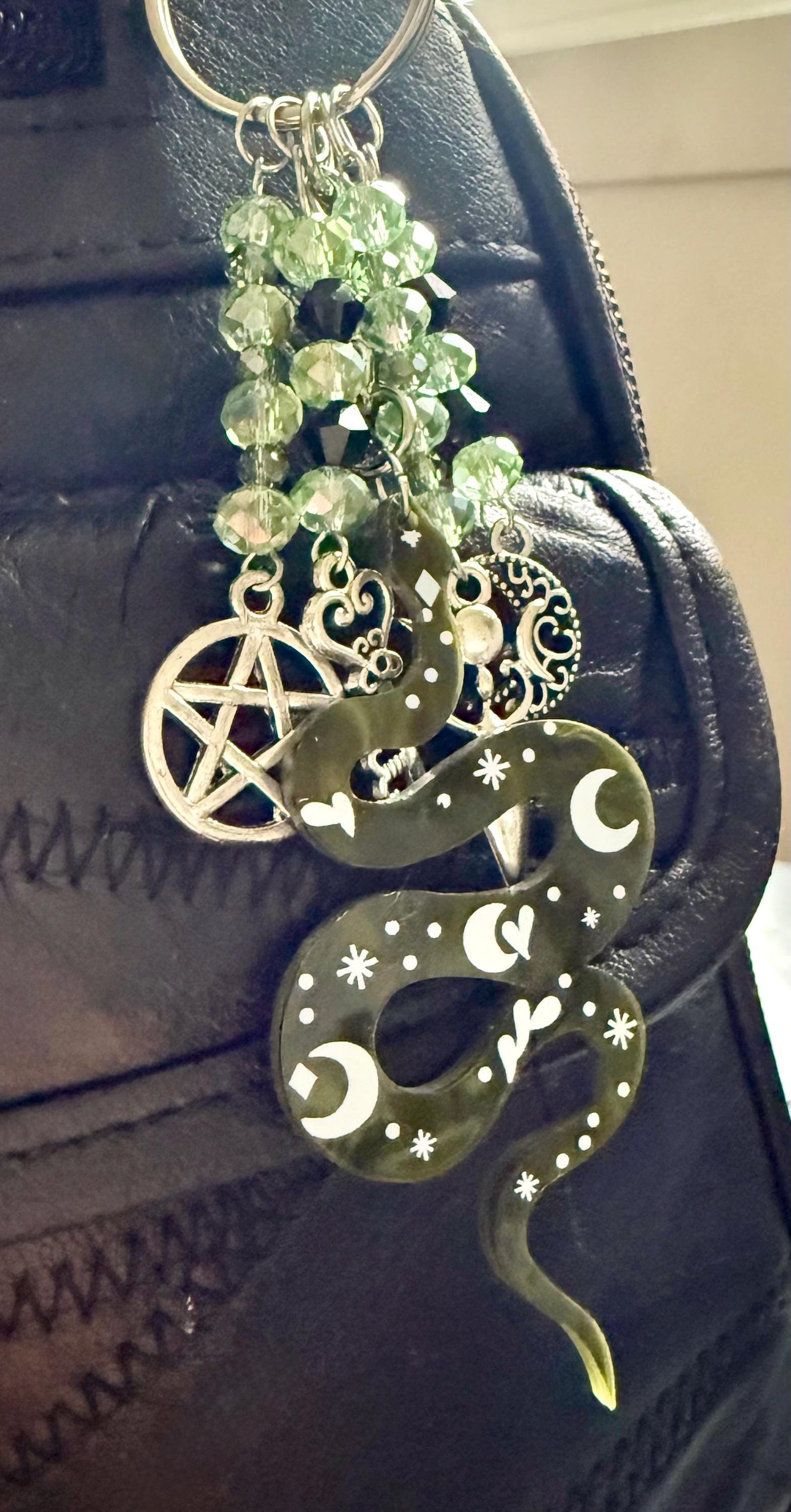 Snake Talisman Keychain Purse Charm with Iridescent Glass Beads, Pentacle, Key, Moon, and Goddess Charm.