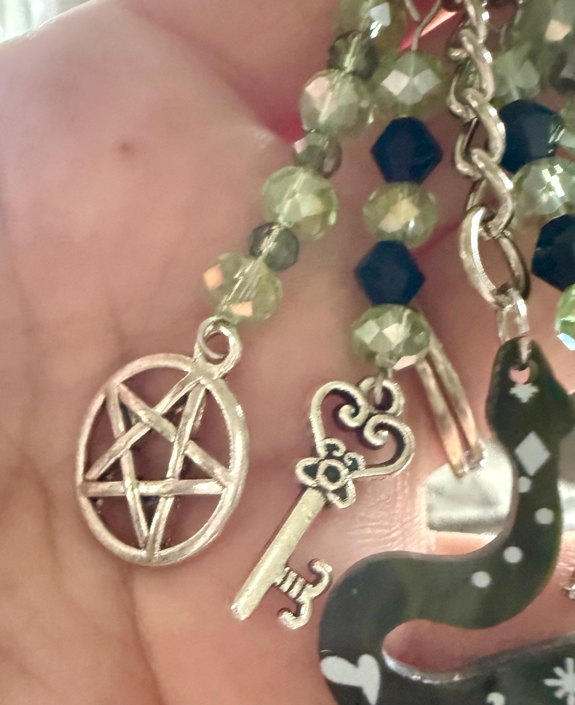 Snake Talisman Keychain Purse Charm with Iridescent Glass Beads, Pentacle, Key, Moon, and Goddess Charm.