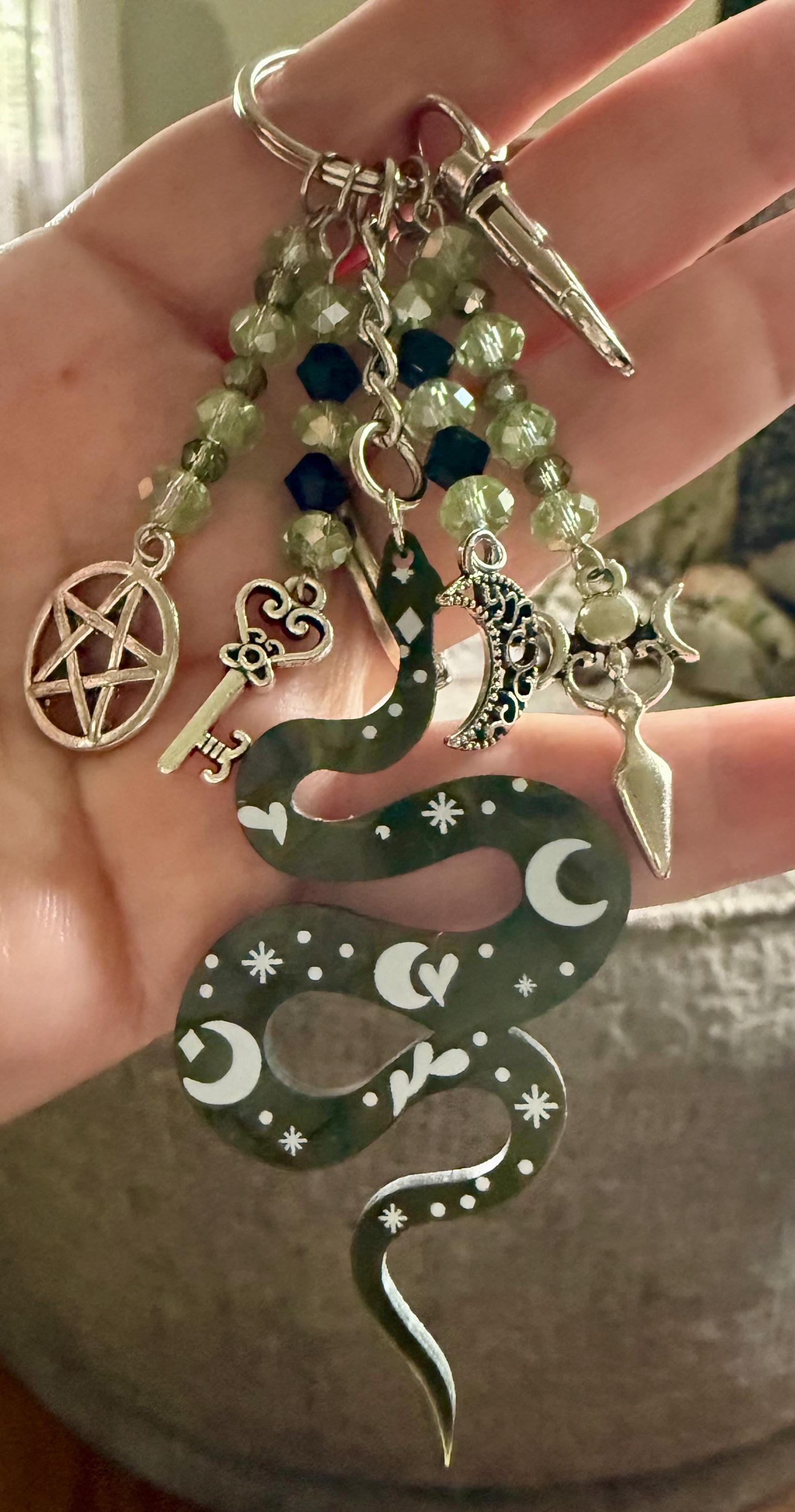 Snake Talisman Keychain Purse Charm with Iridescent Glass Beads, Pentacle, Key, Moon, and Goddess Charm.