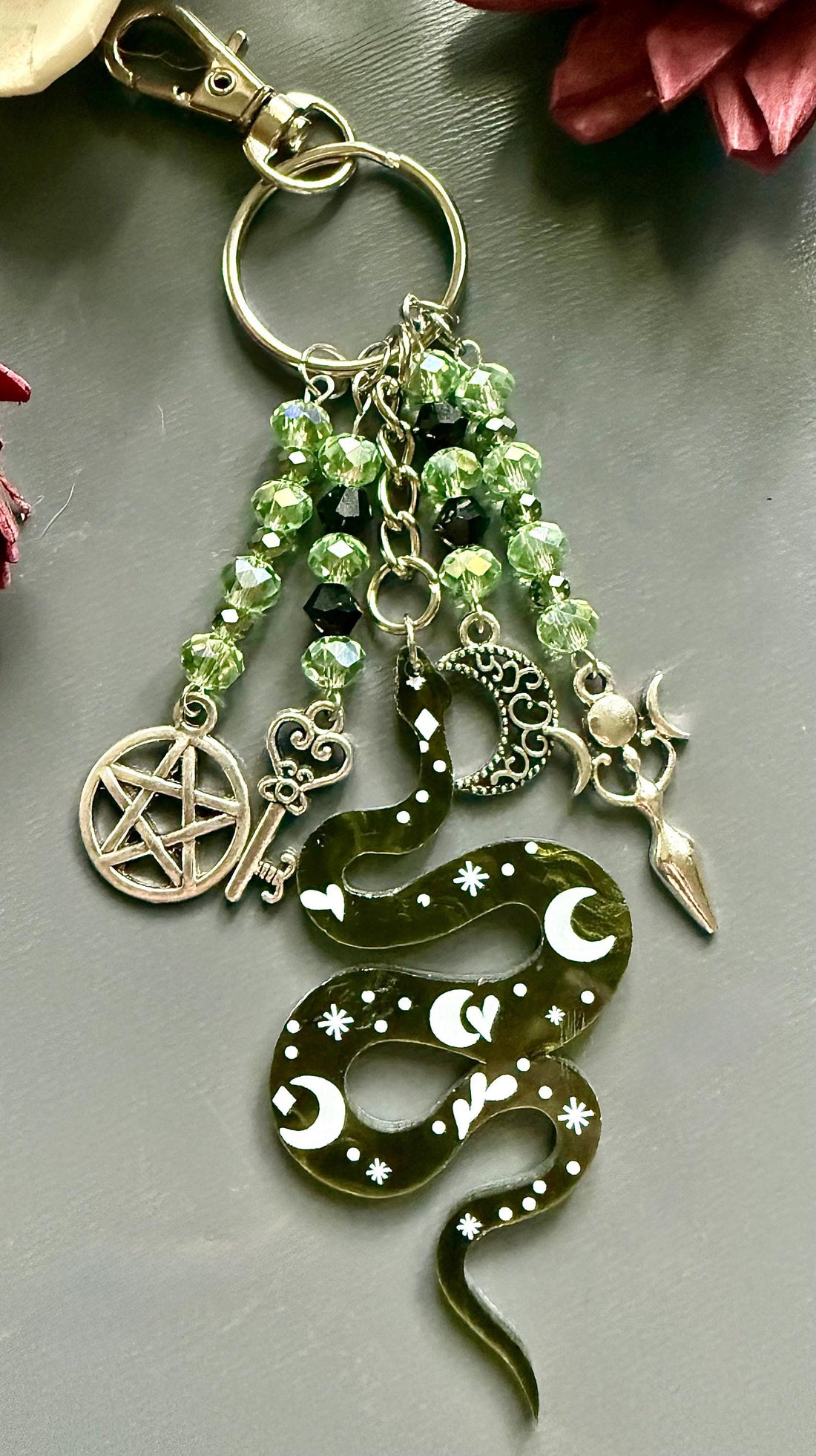 Snake Talisman Keychain Purse Charm with Iridescent Glass Beads, Pentacle, Key, Moon, and Goddess Charm.