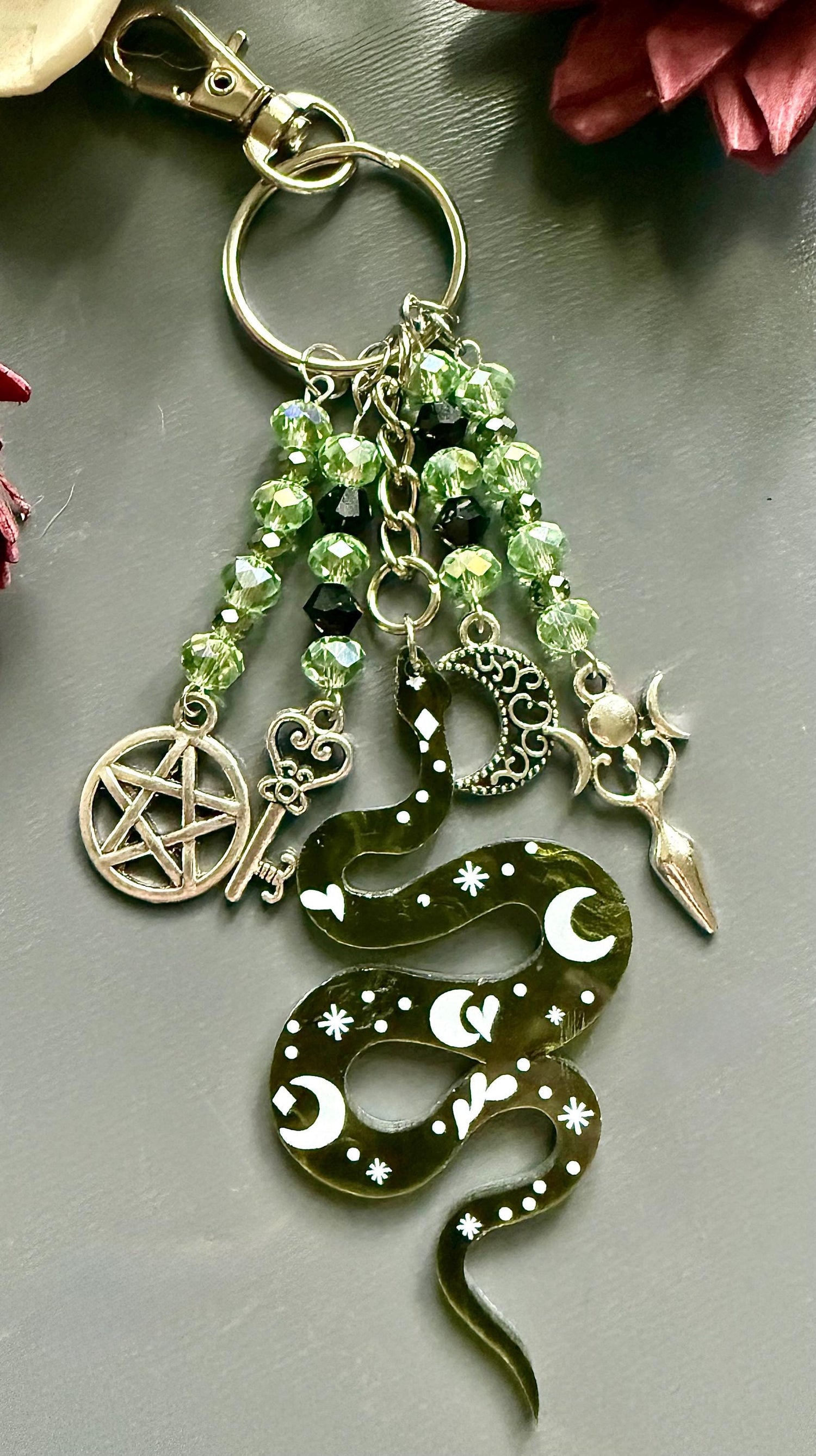 Snake Talisman Keychain Purse Charm with Iridescent Glass Beads, Pentacle, Key, Moon, and Goddess Charm.