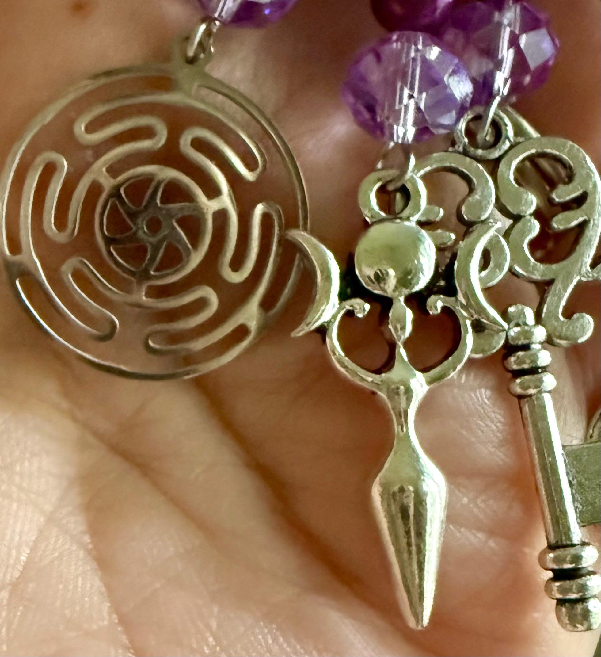 Hekate’s Wheel Talisman Key Chain Beaded Purse Charm with Goddess, Moon, Snake, and Key.