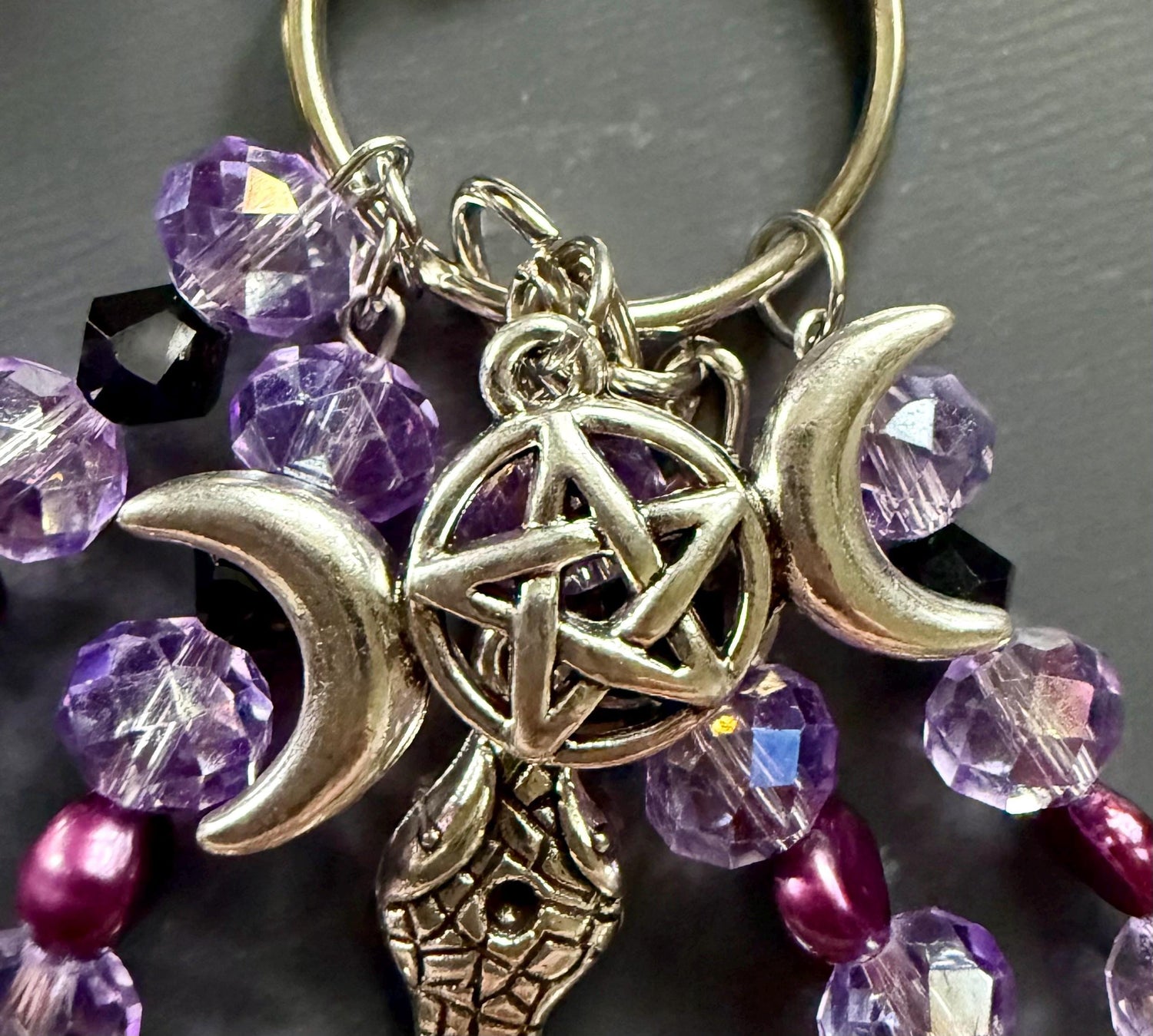 Hekate’s Wheel Talisman Key Chain Beaded Purse Charm with Goddess, Moon, Snake, and Key.