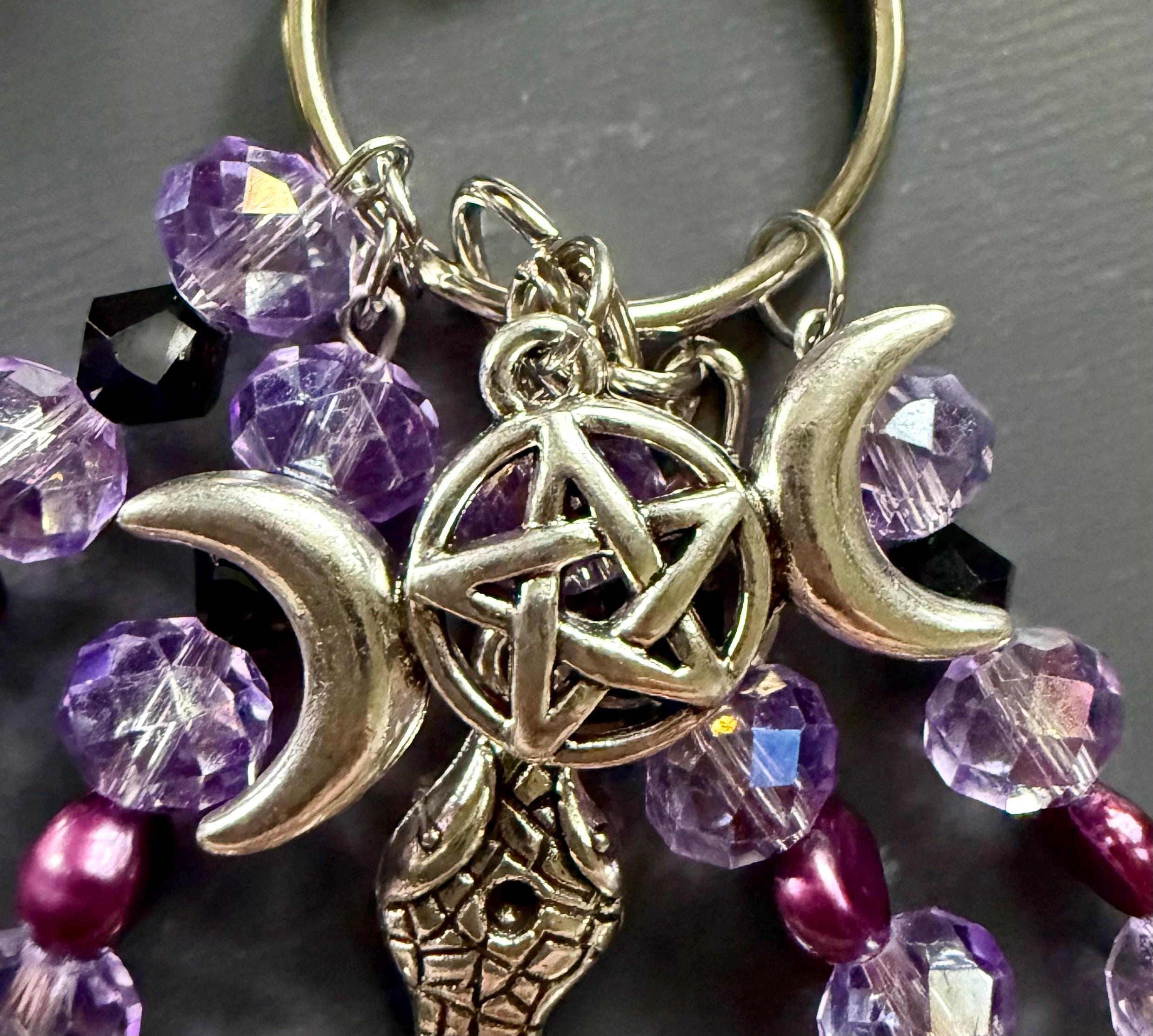 Hekate’s Wheel Talisman Key Chain Beaded Purse Charm with Goddess, Moon, Snake, and Key.