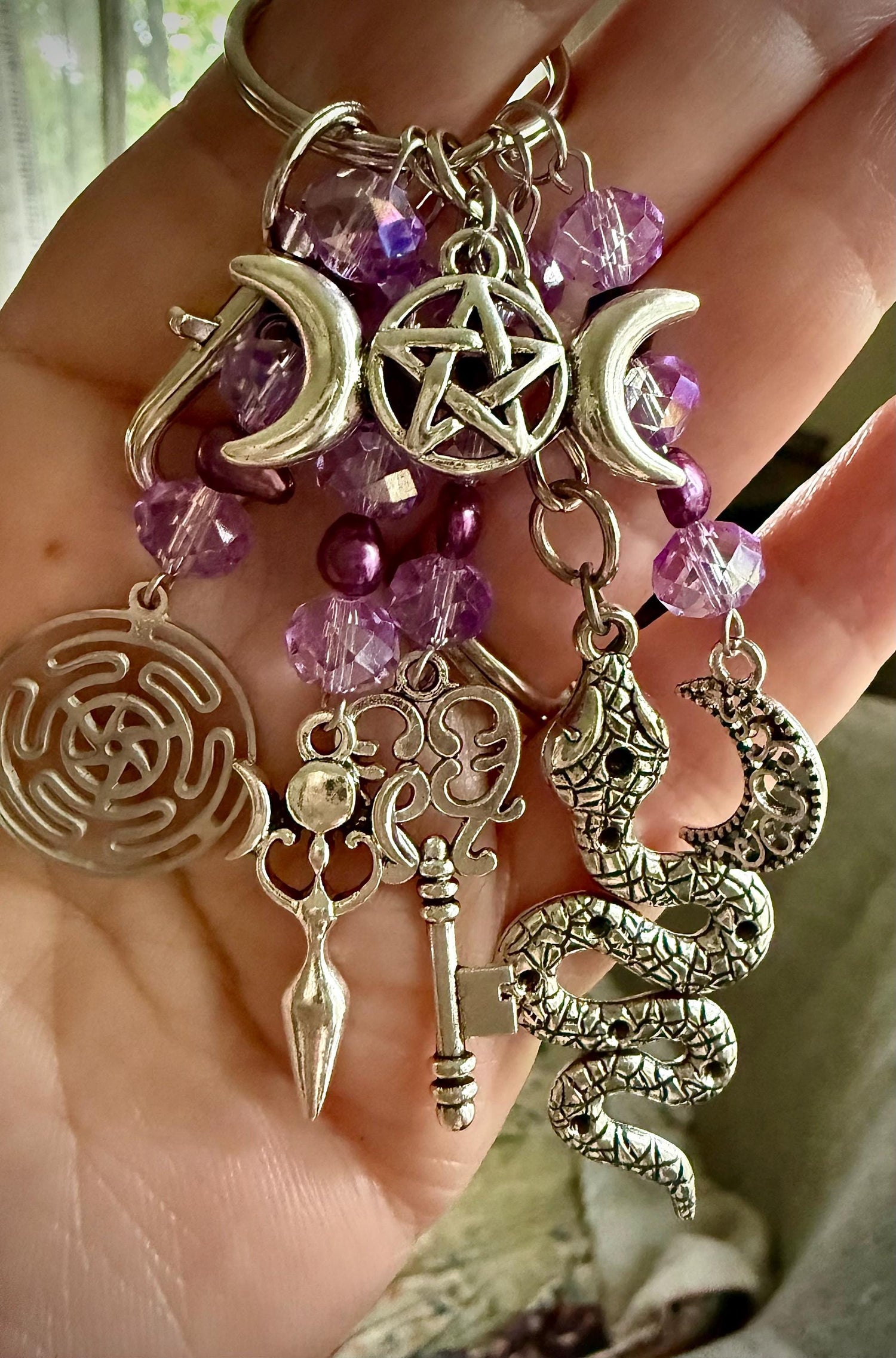 Hekate’s Wheel Talisman Key Chain Beaded Purse Charm with Goddess, Moon, Snake, and Key.