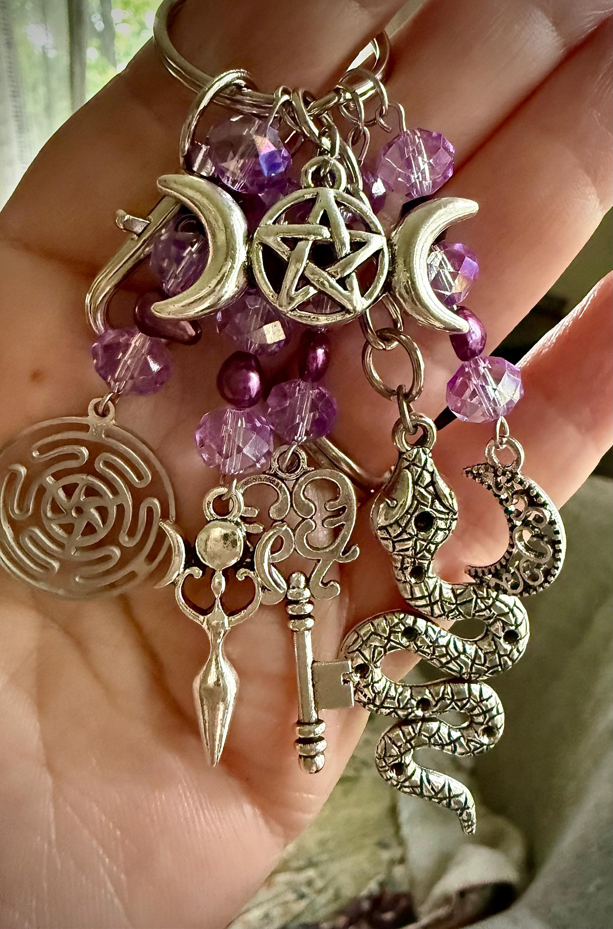 Hekate’s Wheel Talisman Key Chain Beaded Purse Charm with Goddess, Moon, Snake, and Key.