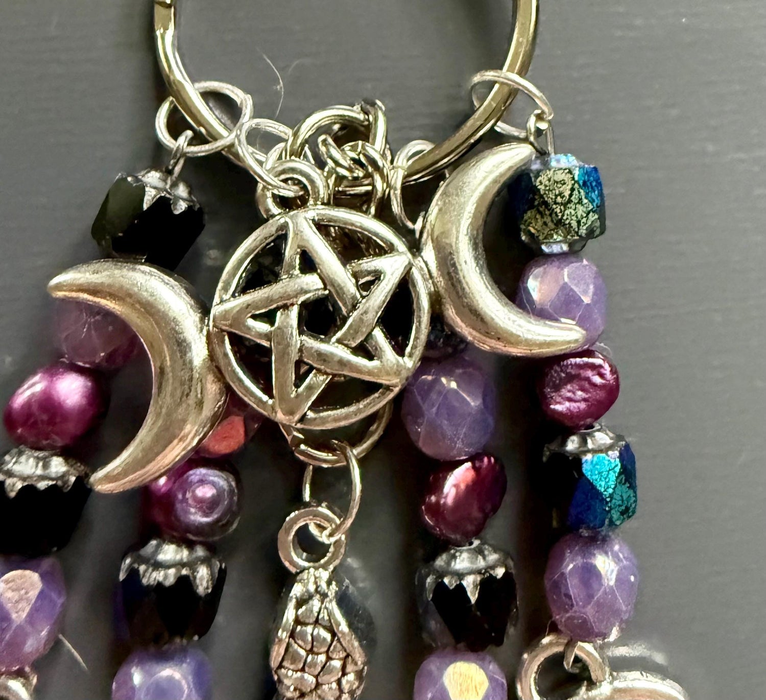 Hekate Talisman Key Chain Beaded Purse Charm with Goddess, Wolf, Snake and Key.