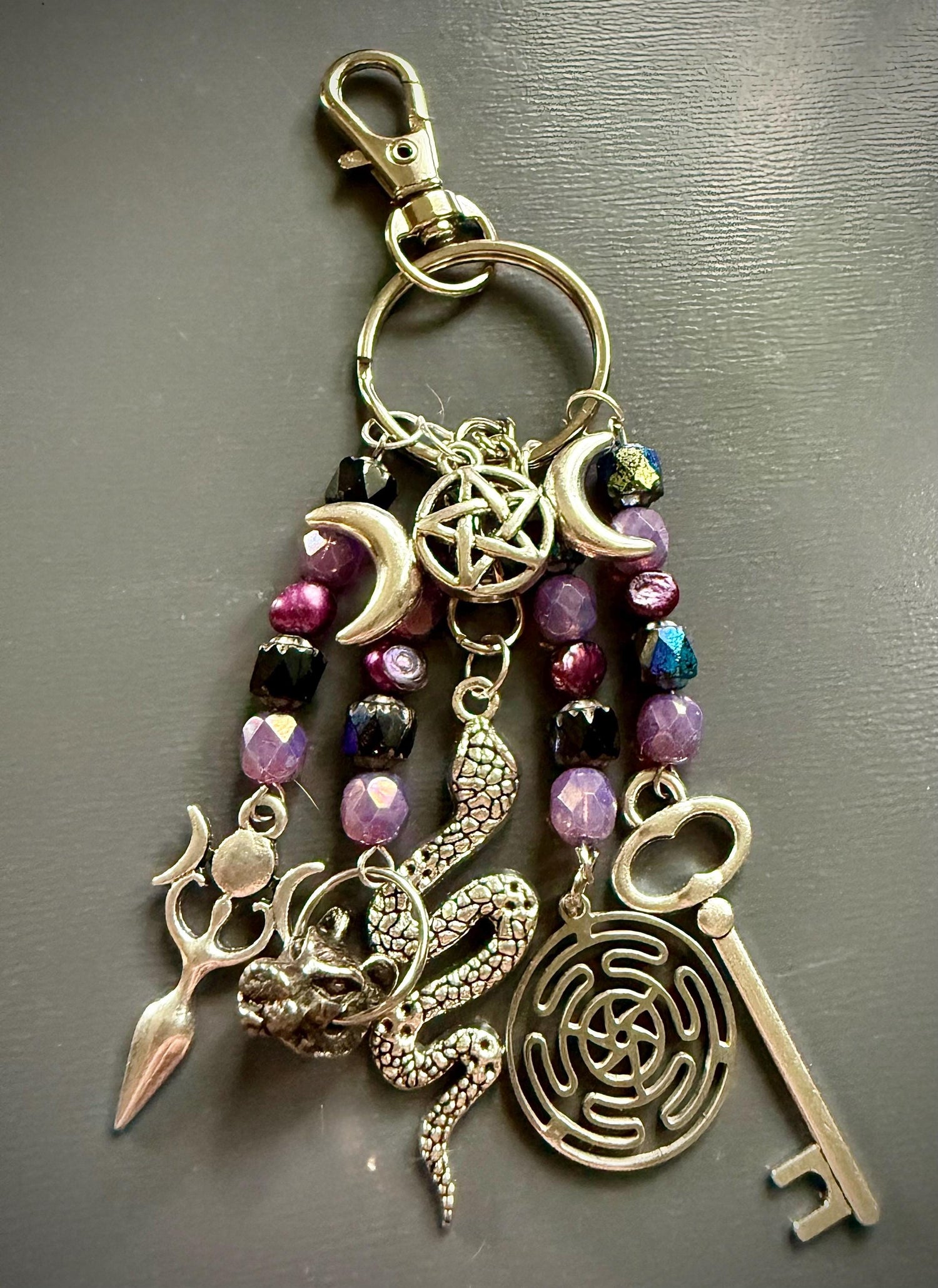 Hekate Talisman Key Chain Beaded Purse Charm with Goddess, Wolf, Snake and Key.