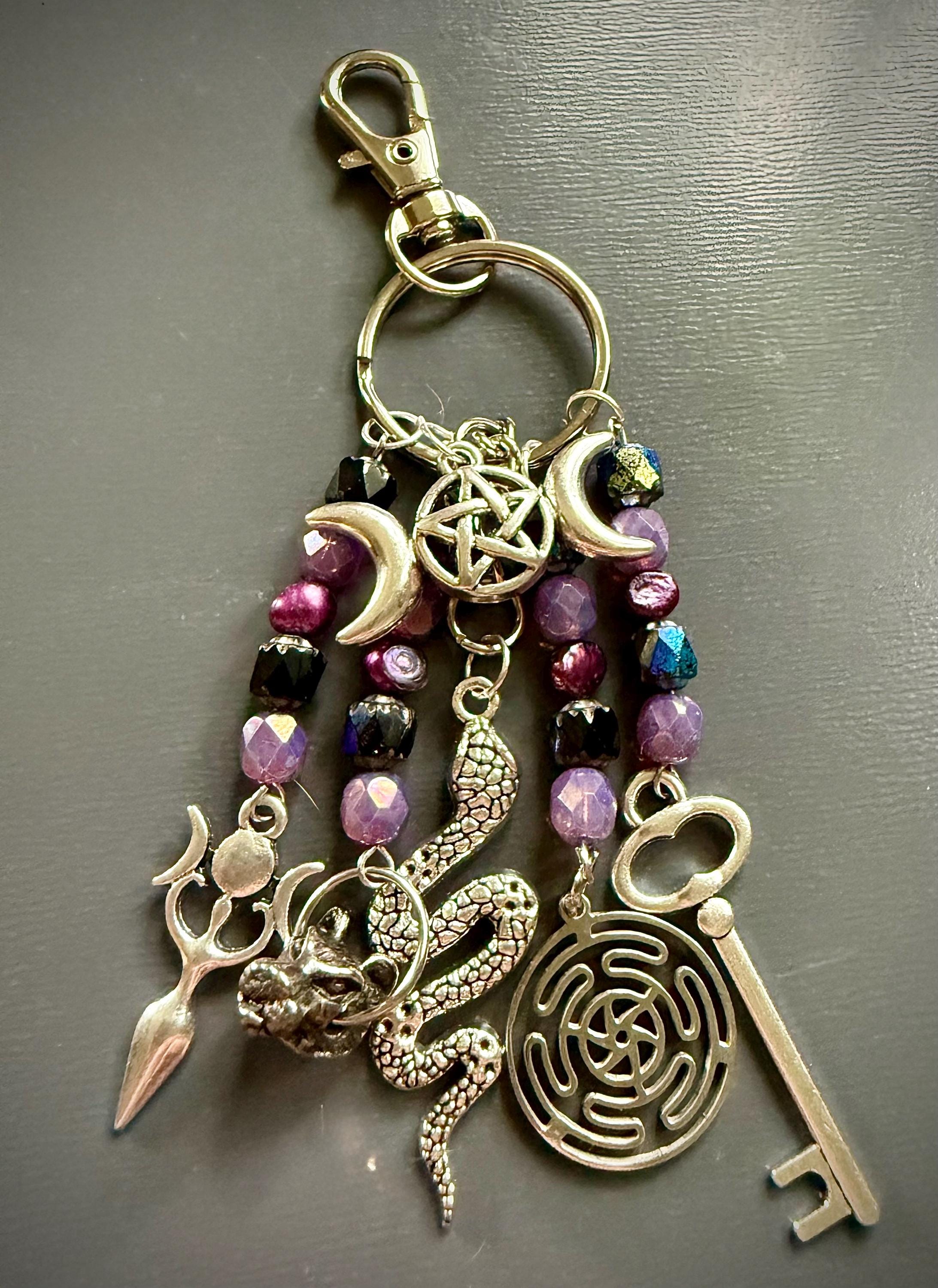 Hekate Talisman Key Chain Beaded Purse Charm with Goddess, Wolf, Snake and Key.