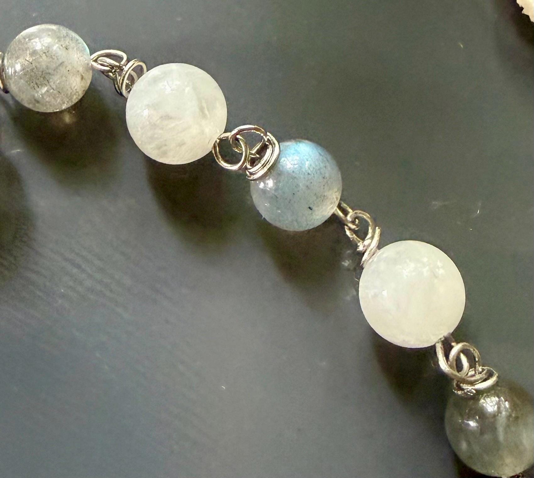 Labradorite Moonstone Pagan or Witchcraft Prayer Beads:  Pentacle,  Goddess, and Moon Charm.