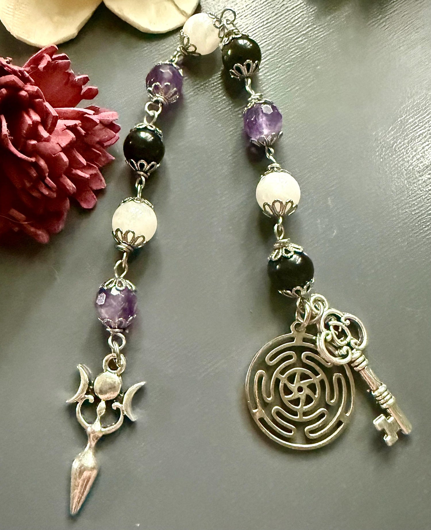 Hekate’s Wheel Prayer and Devotional Beads:  Amethyst, Obsidian, Moonstone, Key, and Goddess Charm.
