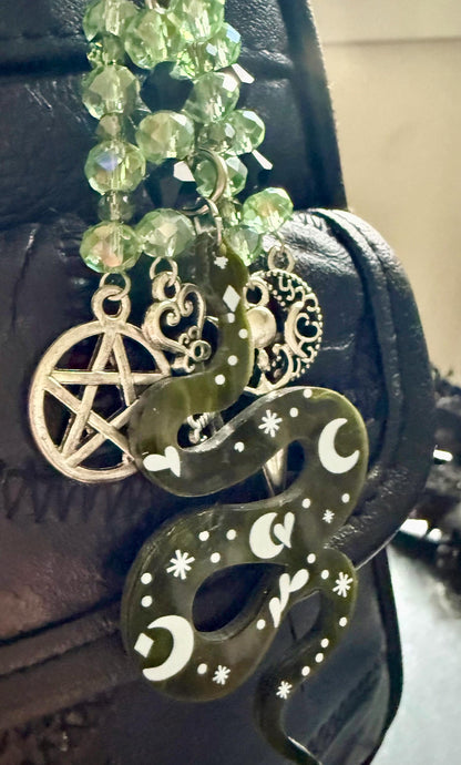 Snake Talisman Keychain Purse Charm with Iridescent Glass Beads, Pentacle, Key, Moon, and Goddess Charm.