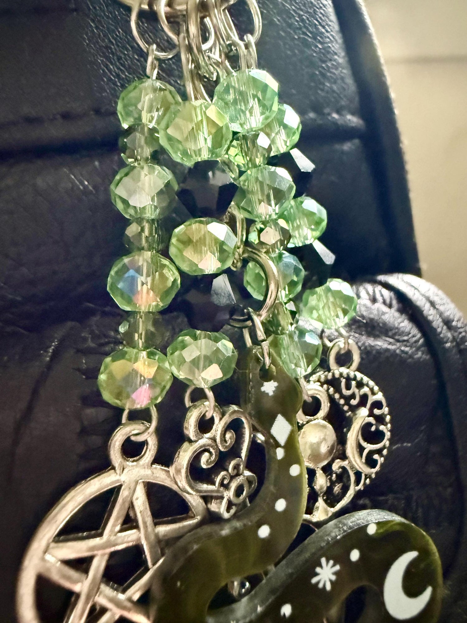 Snake Talisman Keychain Purse Charm with Iridescent Glass Beads, Pentacle, Key, Moon, and Goddess Charm.