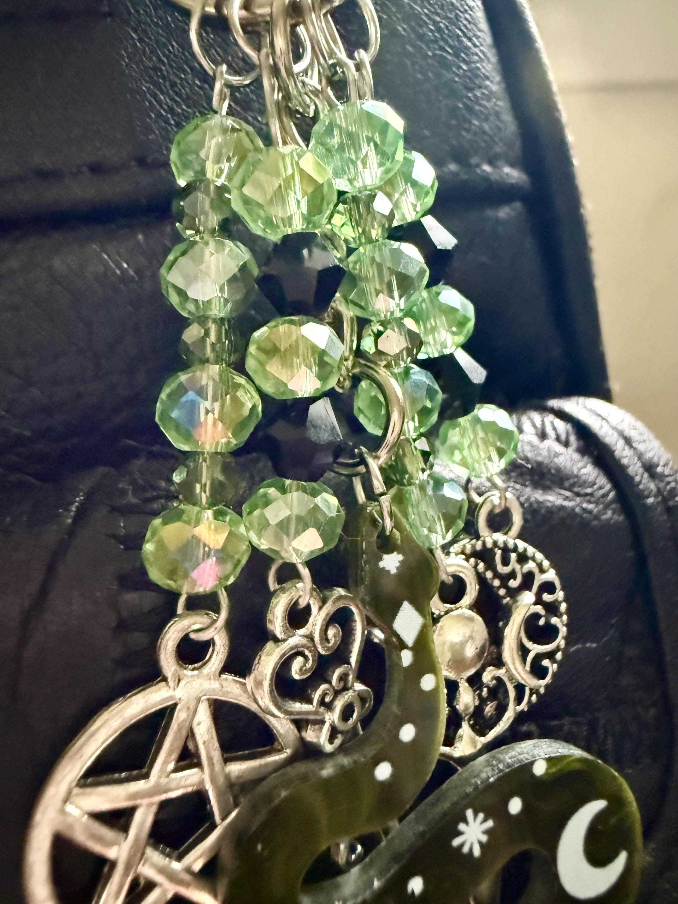 Snake Talisman Keychain Purse Charm with Iridescent Glass Beads, Pentacle, Key, Moon, and Goddess Charm.