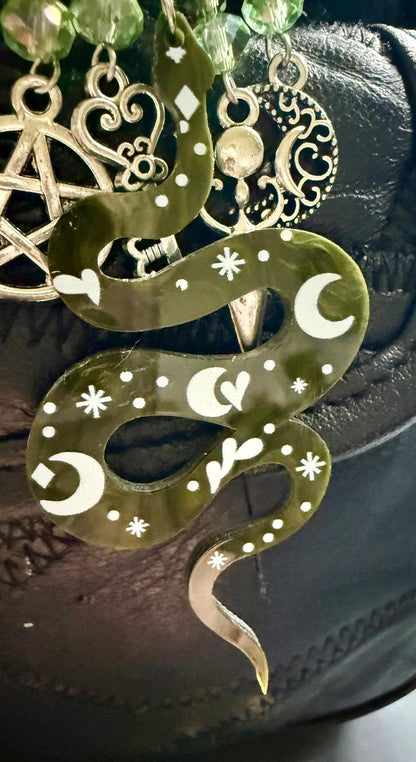 Snake Talisman Keychain Purse Charm with Iridescent Glass Beads, Pentacle, Key, Moon, and Goddess Charm.